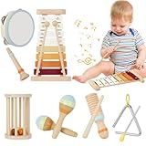 Joellfuner Instrument de Musique Enfant, Jouets Musicaux en Bois avec Xylophone, Triangle et Autre Instrument, 10 PCS Instruments Montessori, Bébé Batteries et Percussions Plus de 3+ Ans