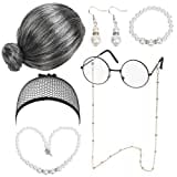 LOPOTIN Kit de Deguisement Grand Mere, Perruque Grand Mere avec Lunette Filet à Cheveux Boucles d'oreilles Bracelet Collier pour Vieille Dame Accessoire De Costume Fête Carnaval Mariage Gris Argenté