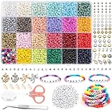 4000+ perles pour bracelet, 4mm perles de rocaille couleurs kit, 300 perles Lettres avec cordon élastique et ciseaux pour Adulte Enfant Noël anniversaire création de bijoux bracelets collier