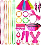 Tonsooze 21PCS Déguisement Année 80 Accessoire Femme Fluo, Robe De Couleur Arc-En-Ciel Sac Banane Lunettes Bandeau noeud Colliers Bracelets Gants Disco Costume Vetement Fête Néon Tutu Fluo