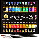 Peinture Acrylique de Kit 24 couleurs avec 3 pinceaux pour fournitures scolaires travaux manuels peintures papier toile peinture sur roche bois céramique et tissu Couleurs vives Non toxique